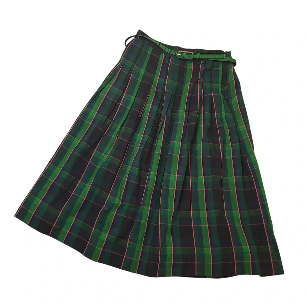 Free Assembly Womens Plaid Pleated Midi Skirt Sz Small Belted Academic Cotton